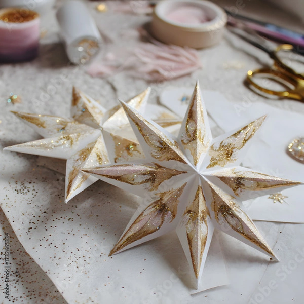 Fototapeta Two handmade paper stars with gold paint and glitter sit on a white surface with various craft items, like scissors and tape, suggesting a craft activity
