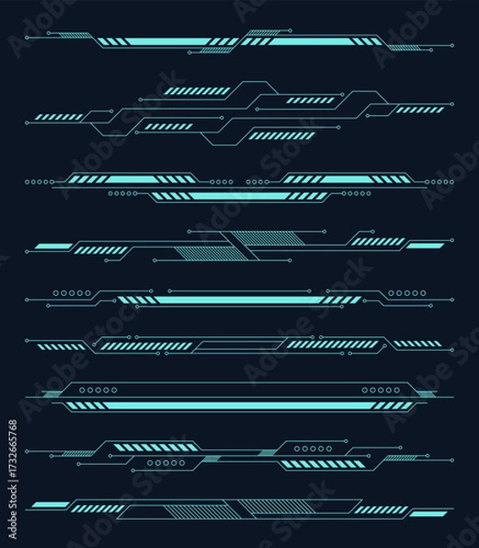 Fototapeta Set of futuristic technology line elements on dark background, concept of digital design, sci-fi interface, gaming HUD, and modern decoration.