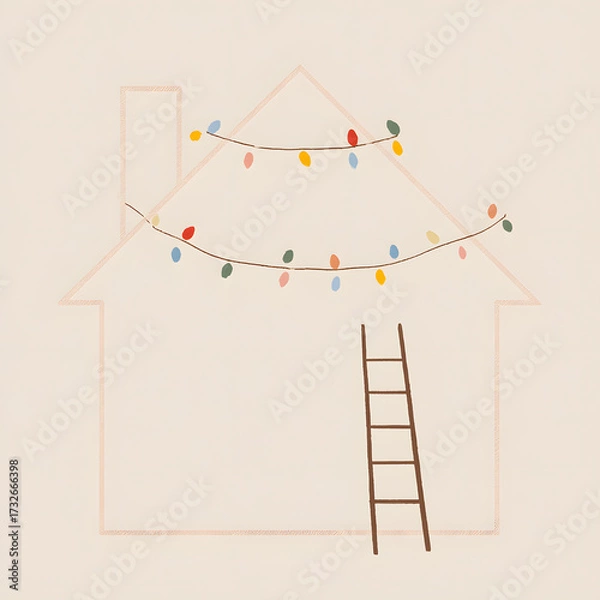 Fototapeta A house is outlined on a beige background with colorful Christmas lights decorating the roof. A brown ladder is placed near the house, appearing as though someone is decorating