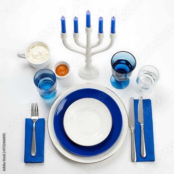 Fototapeta Decorative Hanukkah table setting with blue candles and dishes  