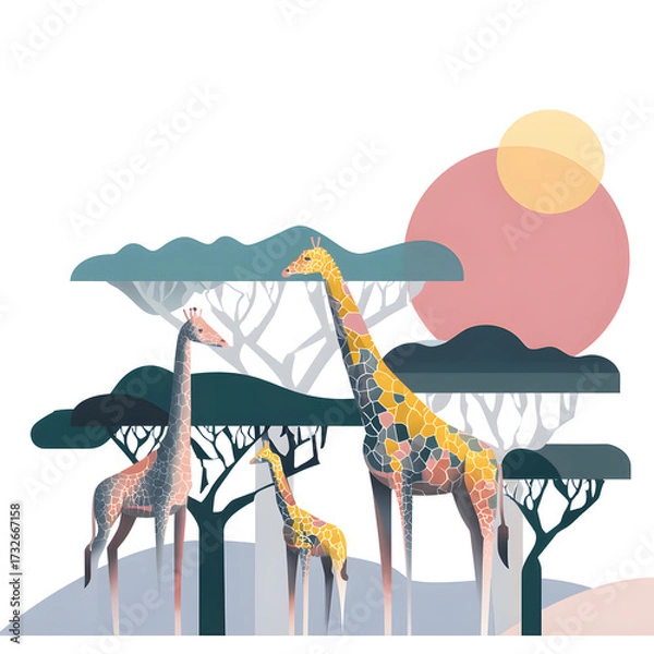 Fototapeta Three giraffes stand together near trees with a sunset in the background. The sky is pink and yellow, and the giraffes feature unique color patterns