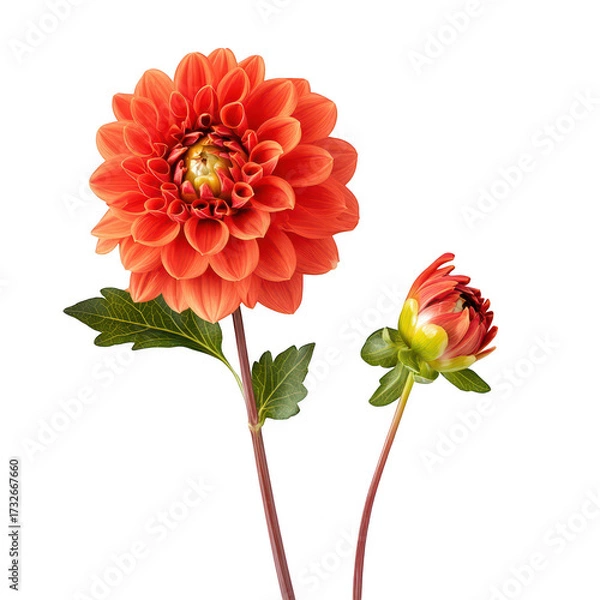 Fototapeta A orange dahlia flower and a budding bloom displayed against a clean white background. the beauty of nature. perfect for floral-themed designs and botanical illustrations