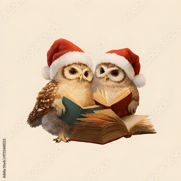 Fototapeta Two small owls wearing red and white Santa hats are reading books. They are sitting atop a pile of more open books, suggesting it is during the Christmas holiday