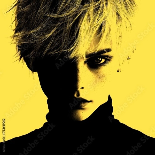 Fototapeta Young model with striking features in and portrait during a photoshoot in studio lighting ambiance