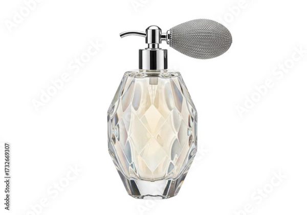 Fototapeta Elegant faceted glass perfume bottle with silver atomizer isolated, vintage fragrance container for beauty and personal care