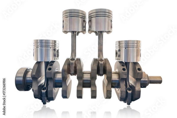 Fototapeta Inline czterocylindrowy silnik wysokoprężny i benzynowy z wałem korbowym izolować na białym tle ze ścieżką cliping, silnik typu tłokowego.