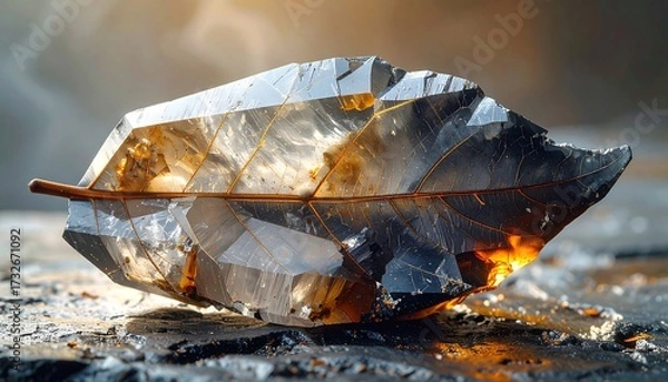 Fototapeta Crystal leaf on dark surface