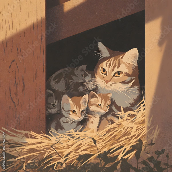 Fototapeta A mother cat shelters with her kittens in a wooden enclosure filled with straw. The scene appears to be at sunset due to the angle of the light