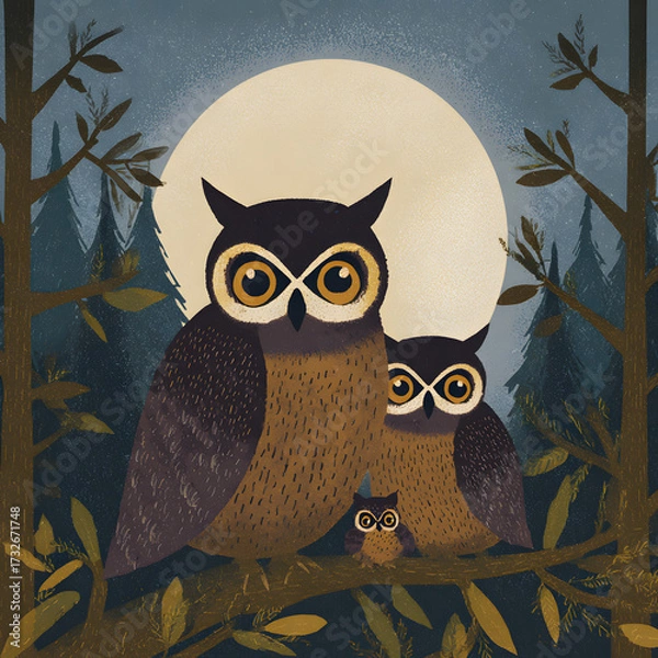 Fototapeta Two adult owls and a small owlet sit on a branch with leaves against a glowing full moon. Coniferous trees appear in the background
