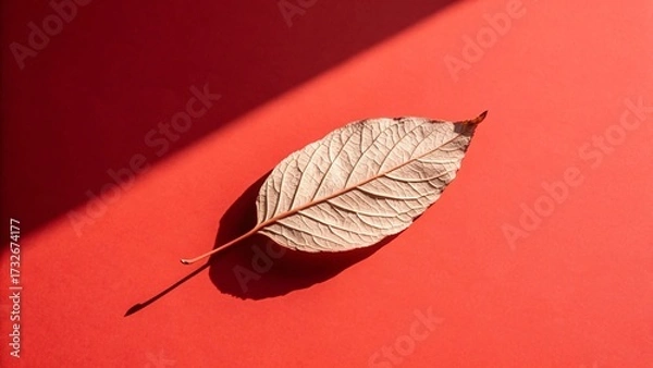Fototapeta Single Dried Leaf on Red Background with Sunlight Shadow Minimal Nature Still Life Autumn Concept Natural Texture Photography