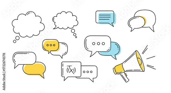 Fototapeta Illustration of diverse speech bubbles and a megaphone for communication concepts like announcements