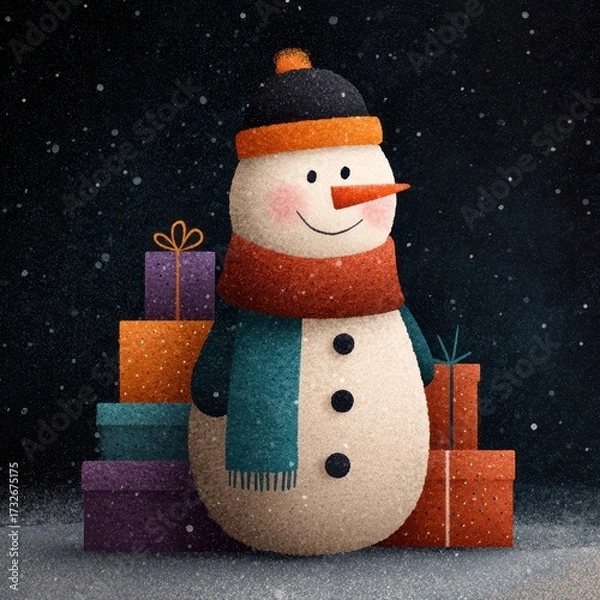 Fototapeta Snowman with colorful presents in a winter setting creating a joyful holiday atmosphere