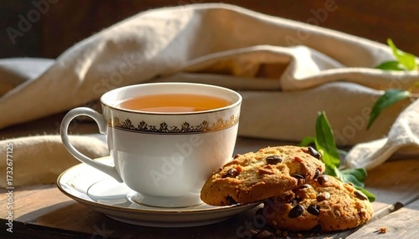 Fototapeta Cup of tea and cookies on a wooden table