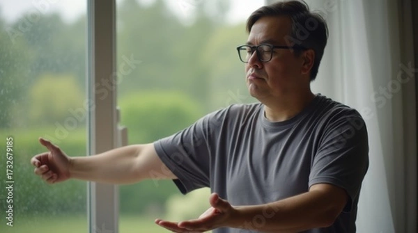 Fototapeta Man with down syndrome in gray t-shirt glasses practicing tai chi meditation by window natural light. Peaceful person mindfulness exercise wellness. Disability inclusion concept banner horizontal