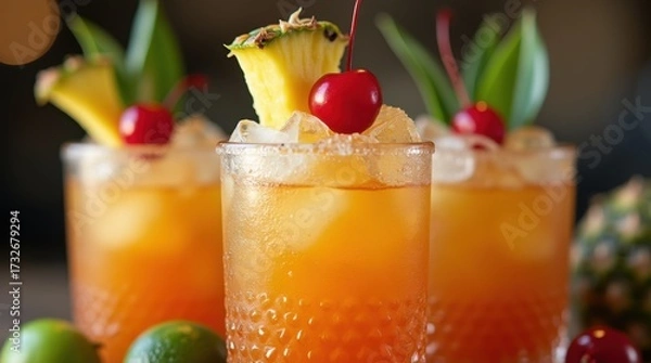 Fototapeta Refreshing frosty mai tai cocktail with cherry and pineapple garnish served chilled