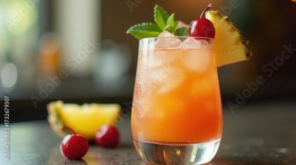 Fototapeta Refreshing frosty mai tai cocktail with cherry and pineapple garnish served chilled