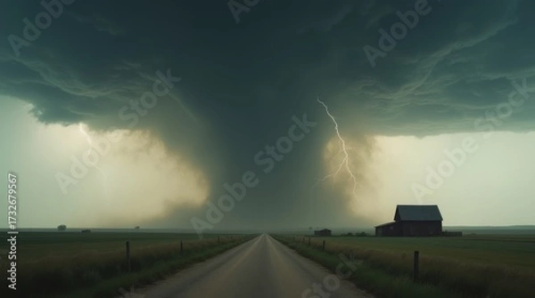 Fototapeta powerful tornado funnel under rotating storm over plains, dark green sky, inflow bands, rural threat, emergency preparedness concept