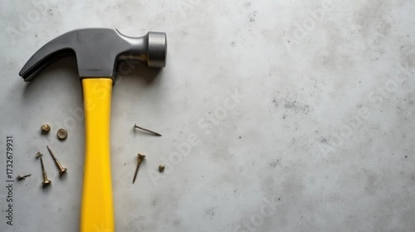 Fototapeta top-down flat lay of yellow hammer with scattered nails on textured grey concrete surface, strong contrast, modern hardware concept
