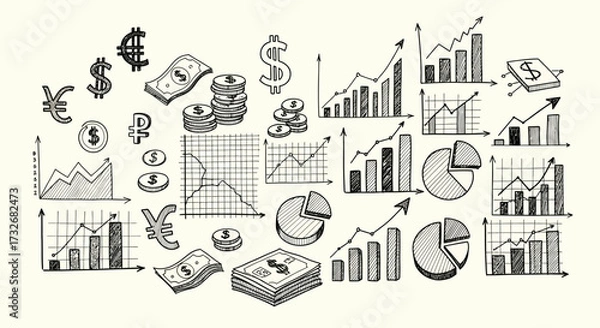 Fototapeta Financial data and currency symbols seamless pattern hand drawn sketch style pattern