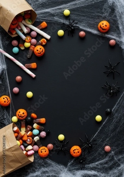 Fototapeta Halloween Candy with Spiders and Webs on Dark Background, Flat Lay