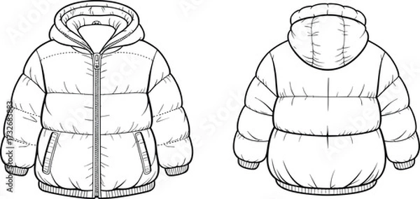 Fototapeta Technical fashion flat, hooded puffer jacket front and back view, vector illustration, apparel design template, quilted sections, zipper closure, ribbed cuffs, hem