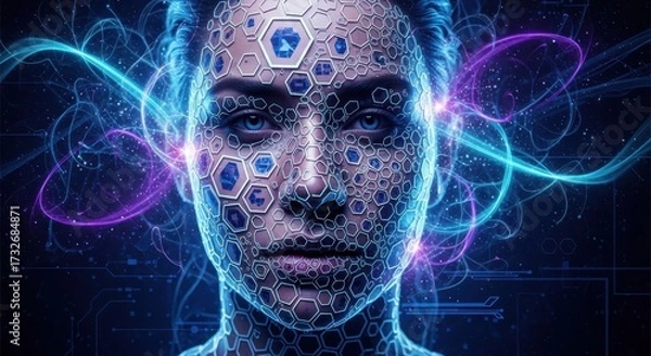 Fototapeta Portrait of a person with technological patterns on their face, surrounded by energy streams