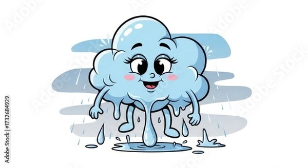 Fototapeta Cute cartoon cloud with happy face, raining, smiling, with raindrops and watery legs