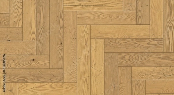 Fototapeta Overhead shot of a herringbone pattern hardwood floor with natural wood grain and subtle scratches