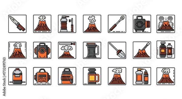 Obraz Volcano Eruption and Survival Gear Icon Set Collection.