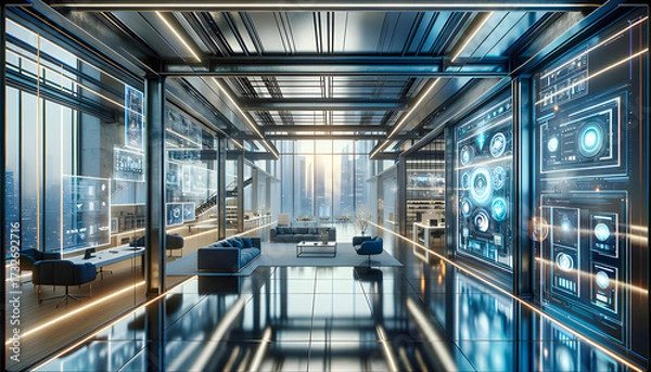 Fototapeta A sleek futuristic office with glass walls and glowing holographic screens overlooks a city skyline at sunset blending modern architecture with cutting edge digital technology