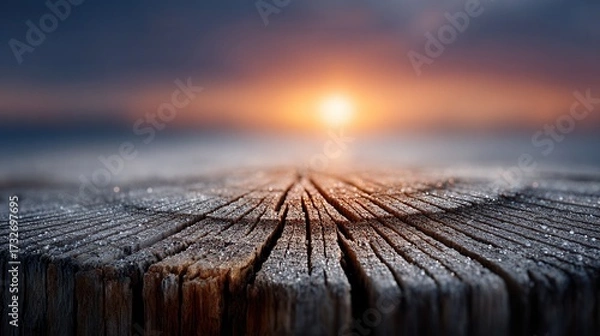 Fototapeta Close-up of weathered wood stump with sunset backdrop. Soft focus on horizon and texture
