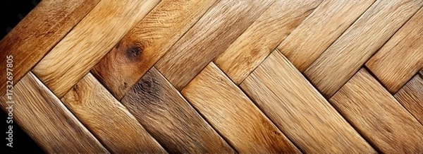 Fototapeta Close-up view of warm, diagonal parquet flooring, showcasing detailed wood grain patterns and textures