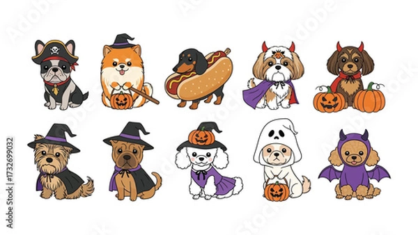 Fototapeta Halloween Pups' Parade: A captivating illustration showcases a whimsical collection of dogs dressed up in festive Halloween costumes, embodying the playful spirit of the season.