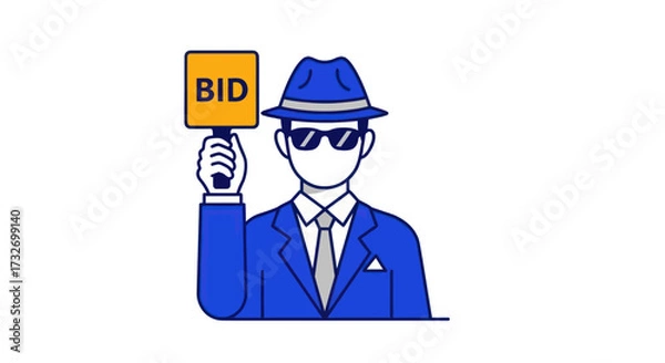 Fototapeta Mysterious man in a suit and fedora holding a bid paddle.