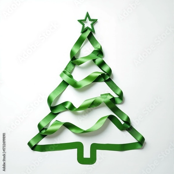 Fototapeta A Christmas tree, outlined with a bright green ribbon on a white background