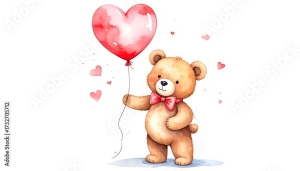 Fototapeta Cute bear holding a heart-shaped balloon. Watercolor illustration of a teddy bear with a red bowtie holding a large red heart-shaped balloon.  Small scattered hearts around the bear