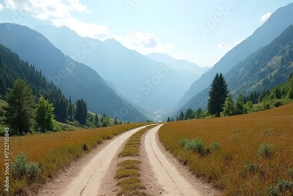 Fototapeta Dirt road through mountains and forest.created with the help of artificial intelligence.