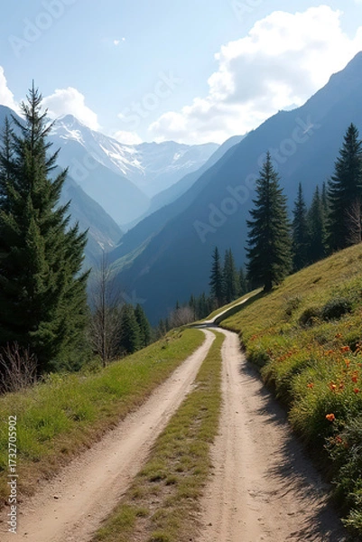Fototapeta Dirt road through mountains and forest.created with the help of artificial intelligence.