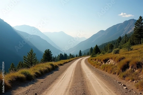 Fototapeta Dirt road through mountains and forest.created with the help of artificial intelligence.