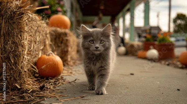 Fototapeta Fluffy Gray Kitten Walking on Park Path with Pumpkins and Hay Bales