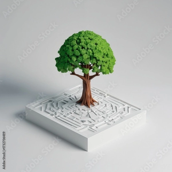Fototapeta An isometric tree on a white square block.