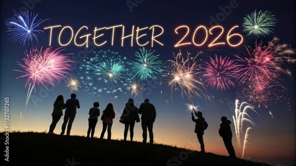 Fototapeta Group of people watching colorful fireworks display with "Together 2026" text