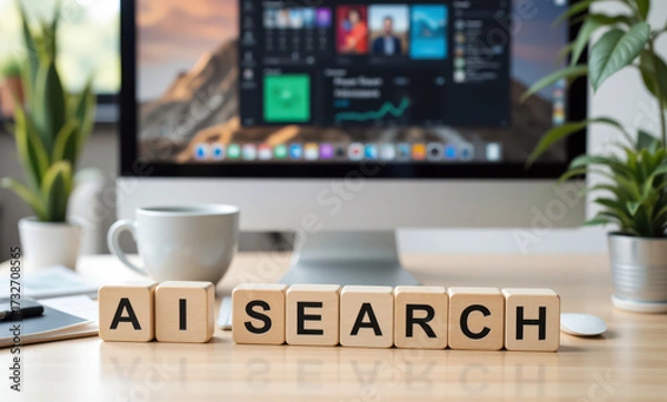 Fototapeta AI powered search evolution captured in workplace setting emphasizing how businesses transform research content and data driven decisions through smarter algorithms