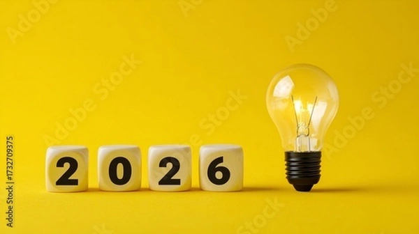 Obraz 2026 text with single light bulb as composition, on yellow background