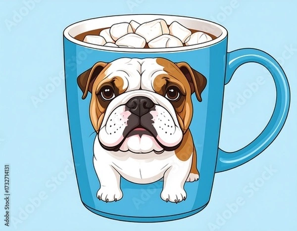Fototapeta Cute bulldog in a blue mug with marshmallows