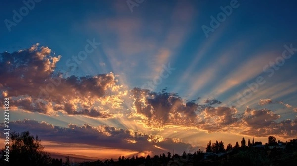 Obraz Stunning Sunset with Vibrant Rays and Colorful Clouds in Sky