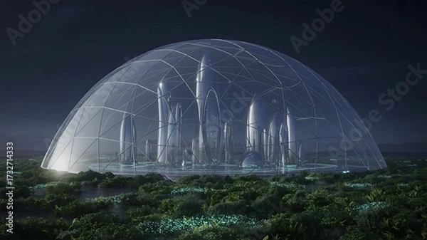 Fototapeta Futuristic dome city with sleek towers and lush greenery