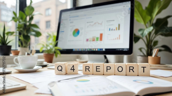 Fototapeta Quarterly report business performance review with financial charts and strategic analytics on screen providing clear insights into company progress for managers investors and corporate teams
