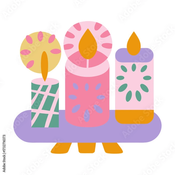 Fototapeta Colorful candles in primitive style arrangement on platter  