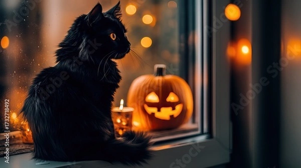 Fototapeta Black cat sitting on windowsill near glowing Halloween pumpkin with candlelight and warm bokeh lights